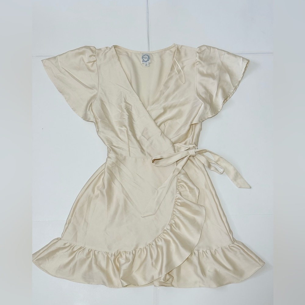 Blue Rain Cream Wrap Mini Dress with Ruffle Hem
